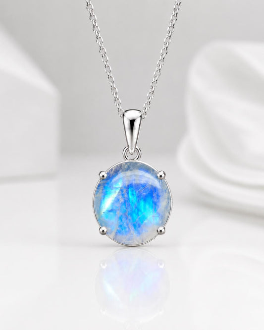 925 Sterling Silver Round Rainbow Moonstone Pendant Necklace, Minimalist Boho Jewelry