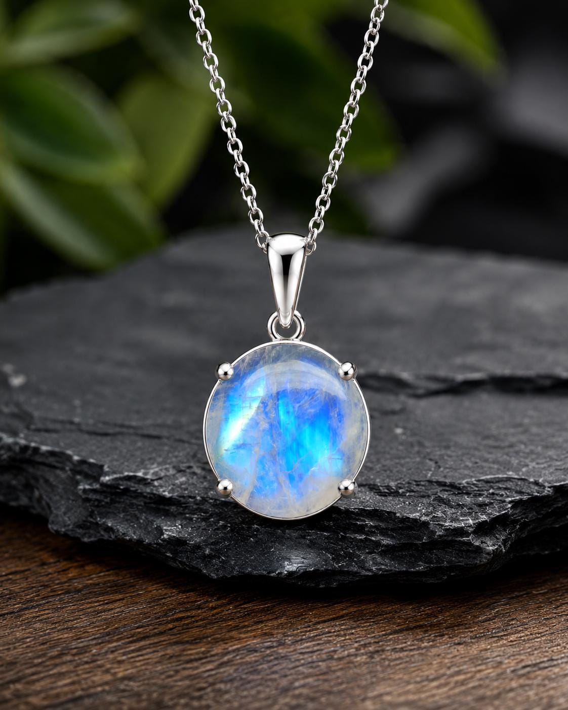 925 Sterling Silver Round Rainbow Moonstone Pendant Necklace, Minimalist Boho Jewelry
