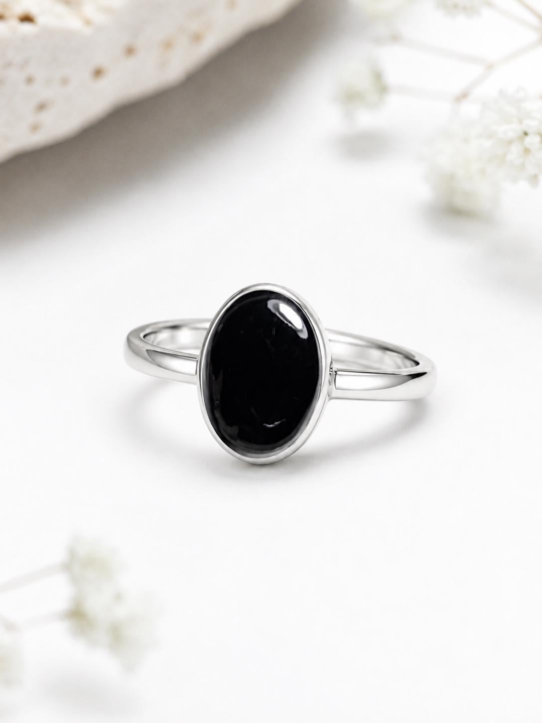 925 Sterling Silver Oval Black Onyx Ring, Minimalist Bezel Setting Gemstone Ring