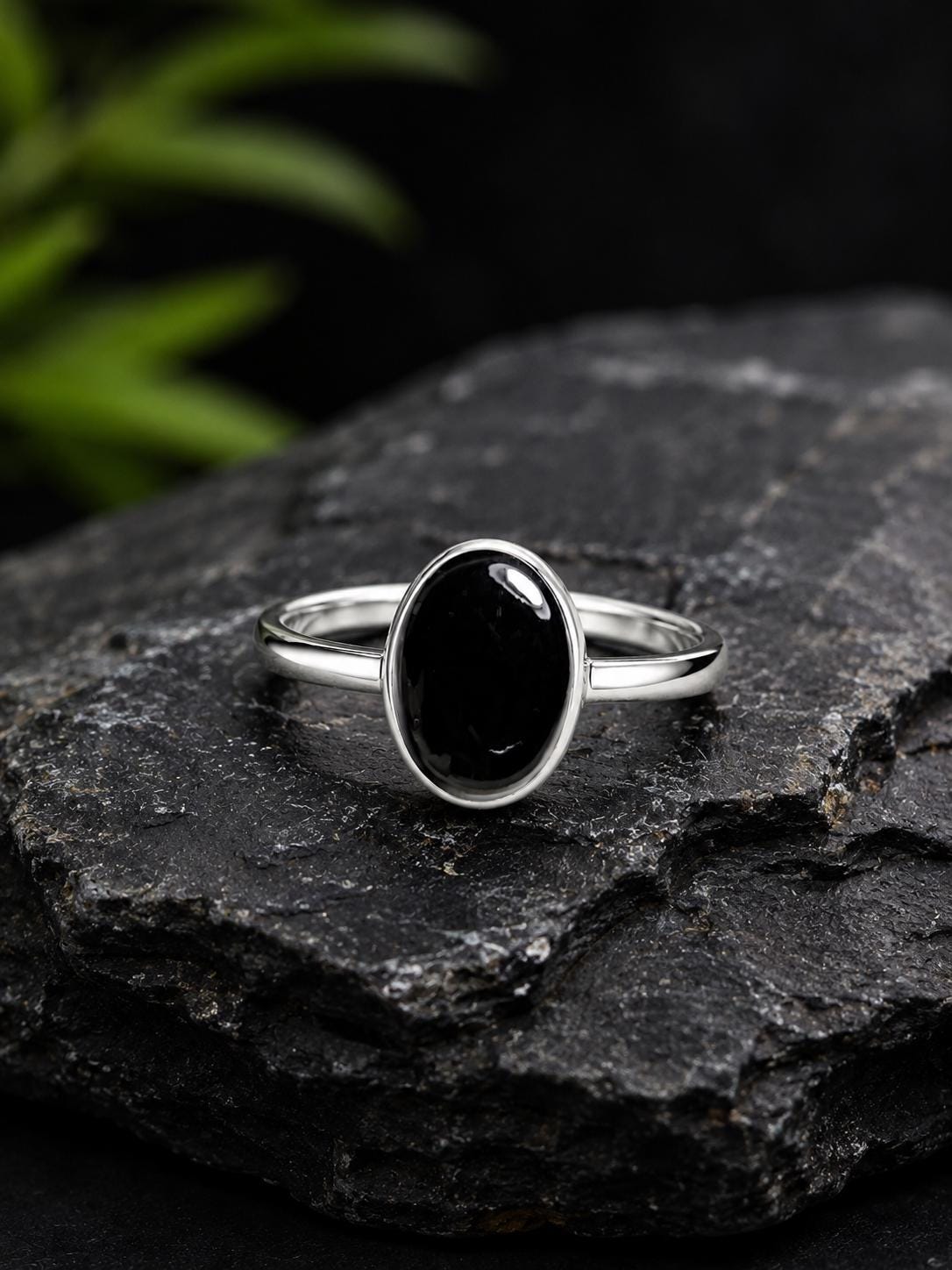 925 Sterling Silver Oval Black Onyx Ring, Minimalist Bezel Setting Gemstone Ring