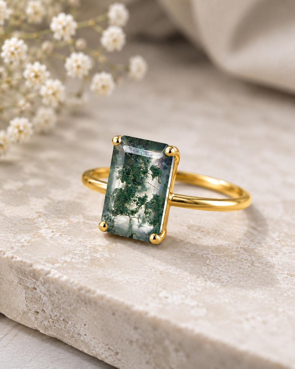 Natural Emerald Cut Moss Agate Ring, Sterling Silver Minimalist Solitaire