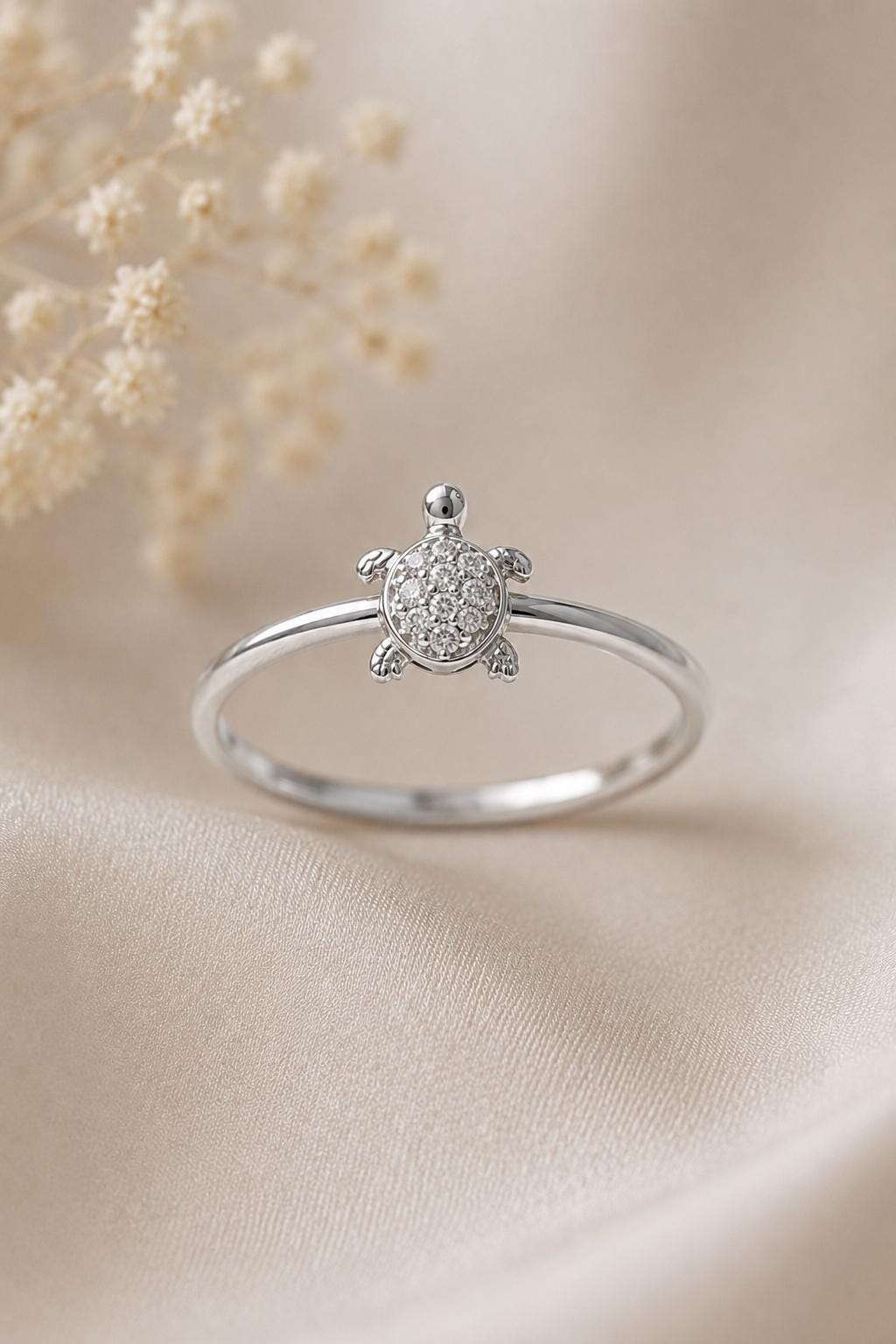 Sterling Silver Turtle Ring, Cubic Zirconia Animal Jewelry, Minimalist Ocean Band