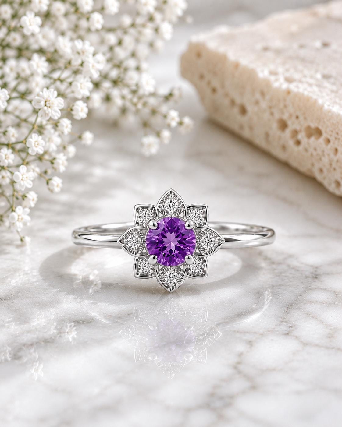 Sterling Silver Amethyst Floral Halo Ring, February Birthstone, Dainty Promise Ring