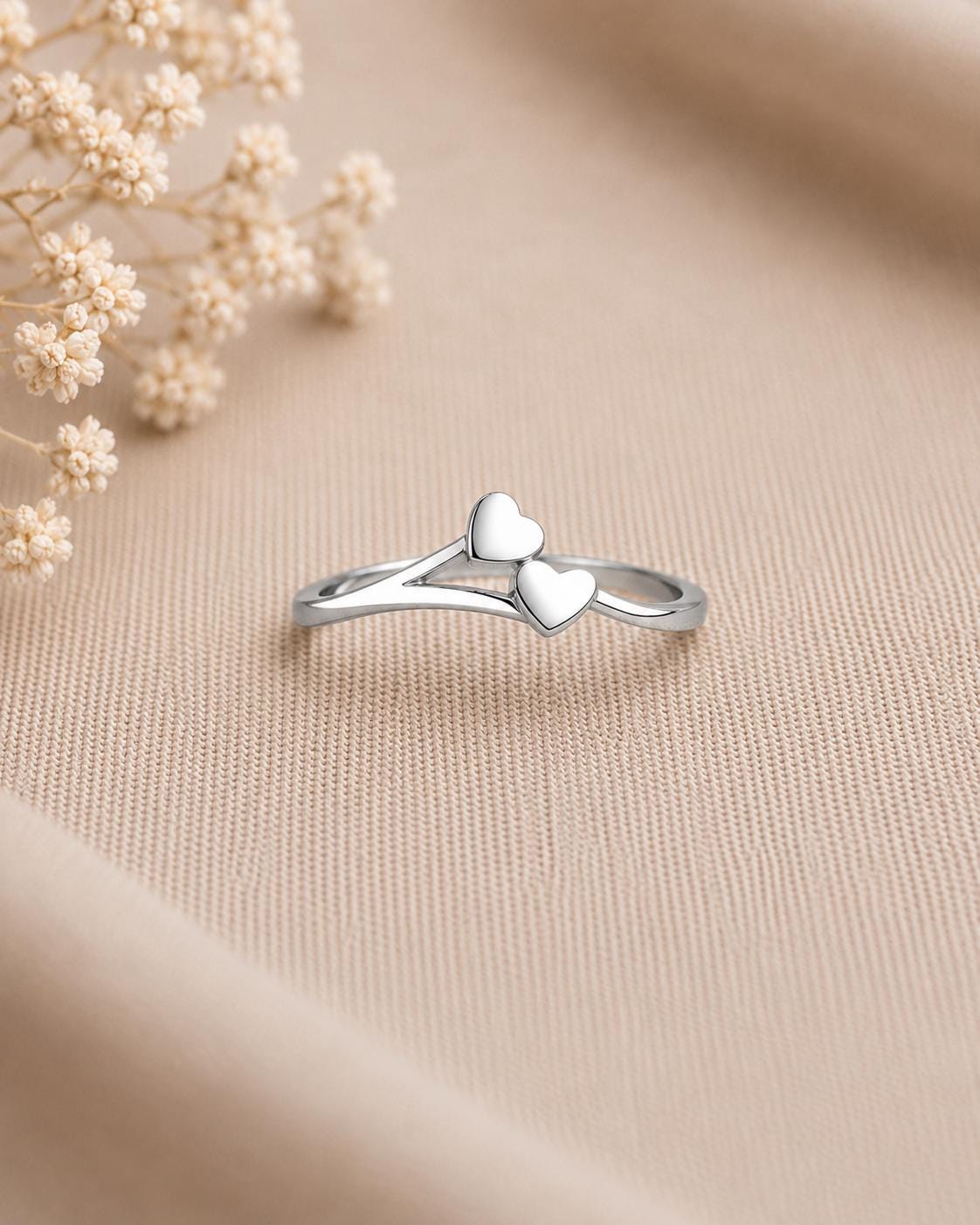 925 Sterling Silver Double Heart Ring, Minimalist Love Band, Dainty Promise Ring
