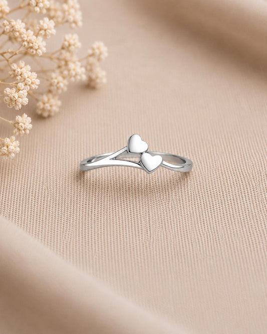 925 Sterling Silver Double Heart Ring, Minimalist Love Band, Dainty Promise Ring