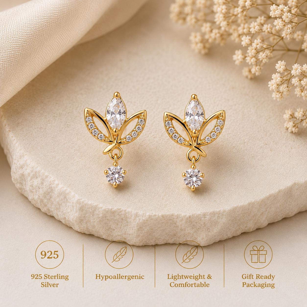 925 Sterling Silver Moissanite Lotus Earrings, Marquise Cut Floral Drop Jewelry