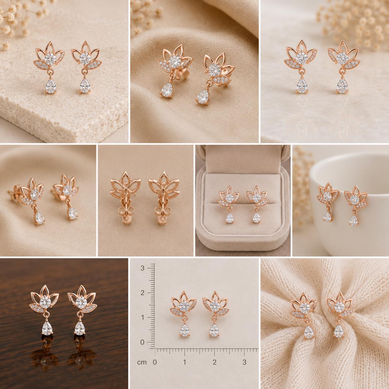 925 Sterling Silver Moissanite Lotus Drop Earrings, Floral Bridal Dangle Jewelry
