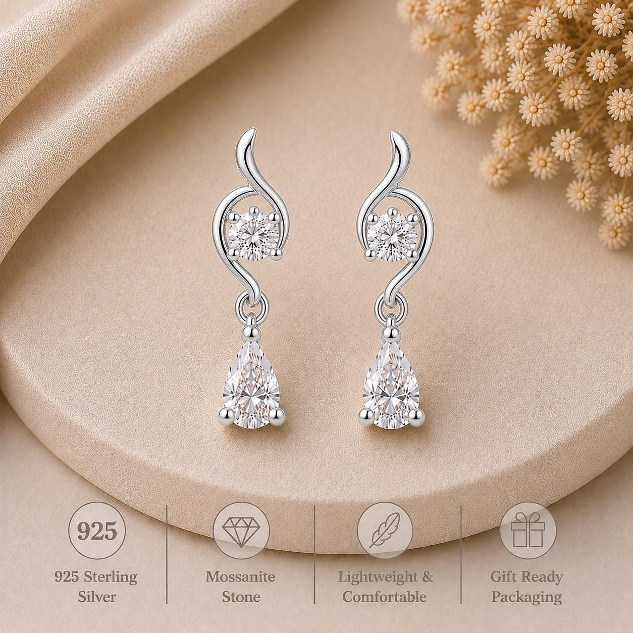 Sterling Silver Pear Cut Moissanite Drop Earrings, Bridal Wedding Dangle Jewelry