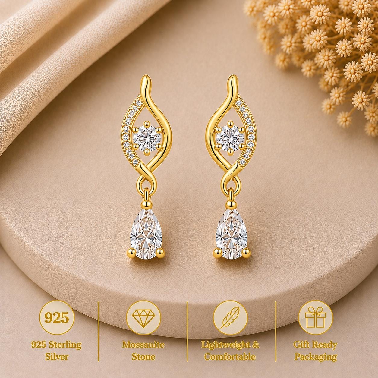 Sterling Silver Pear Cut Moissanite Dangle Earrings, Bridal Wedding Jewelry