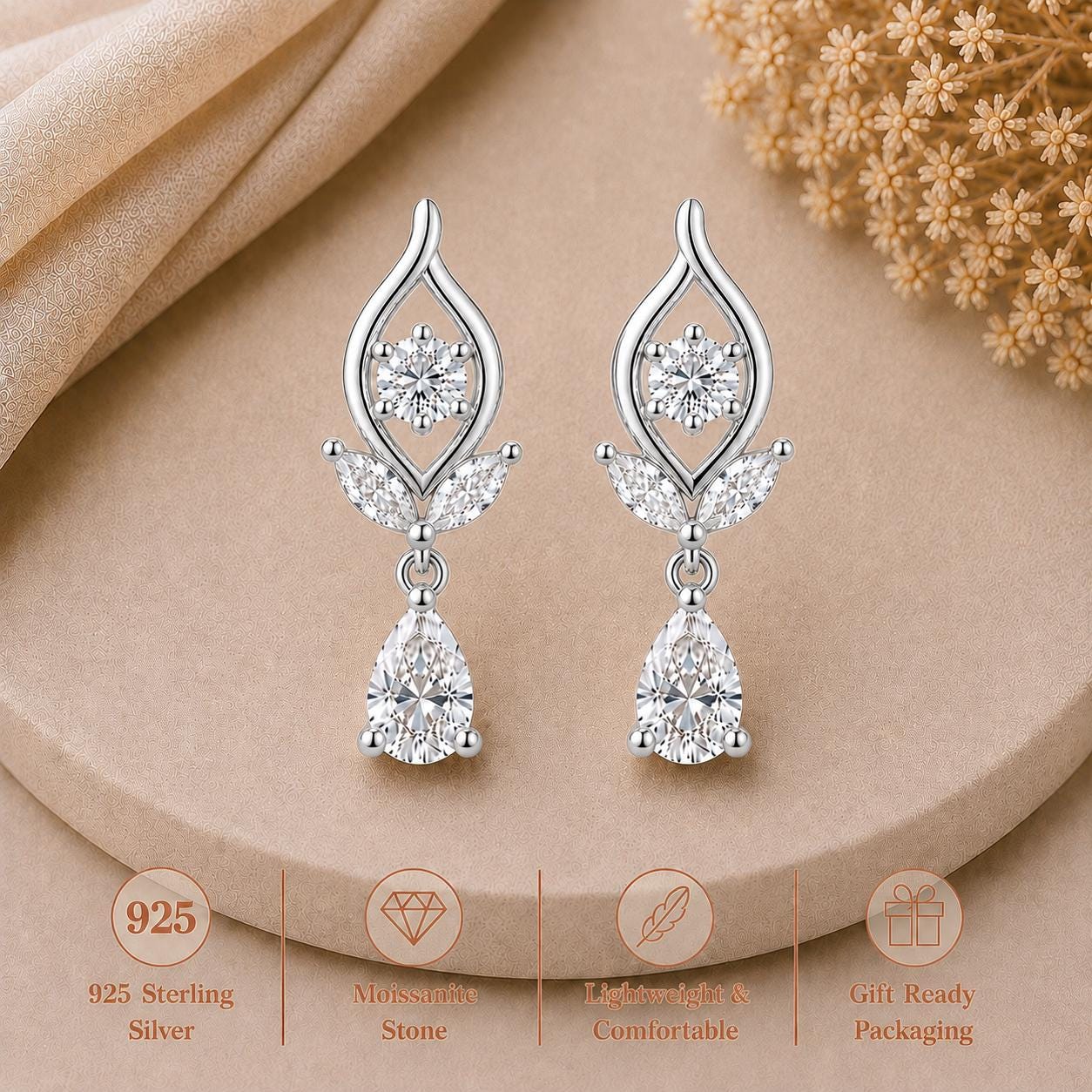 Moissanite Floral Drop Earrings, 925 Sterling Silver, Pear Cut Bridal Wedding Jewelry