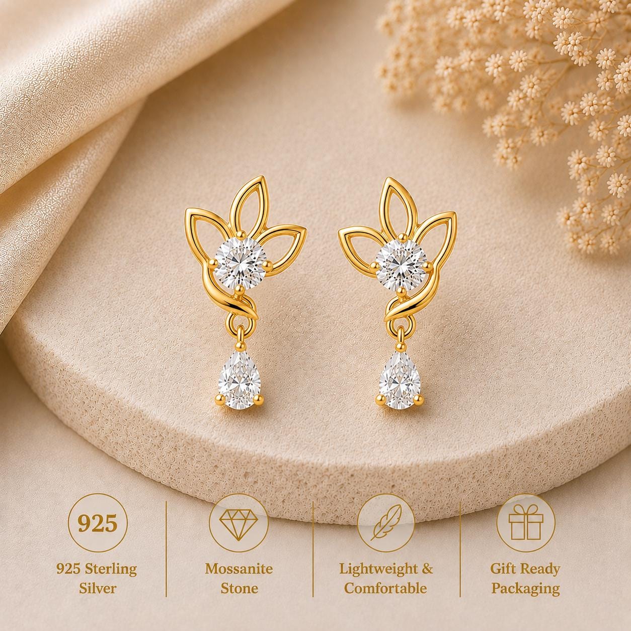 925 Sterling Silver Moissanite Lotus Drop Earrings, Floral Bridal Jewelry