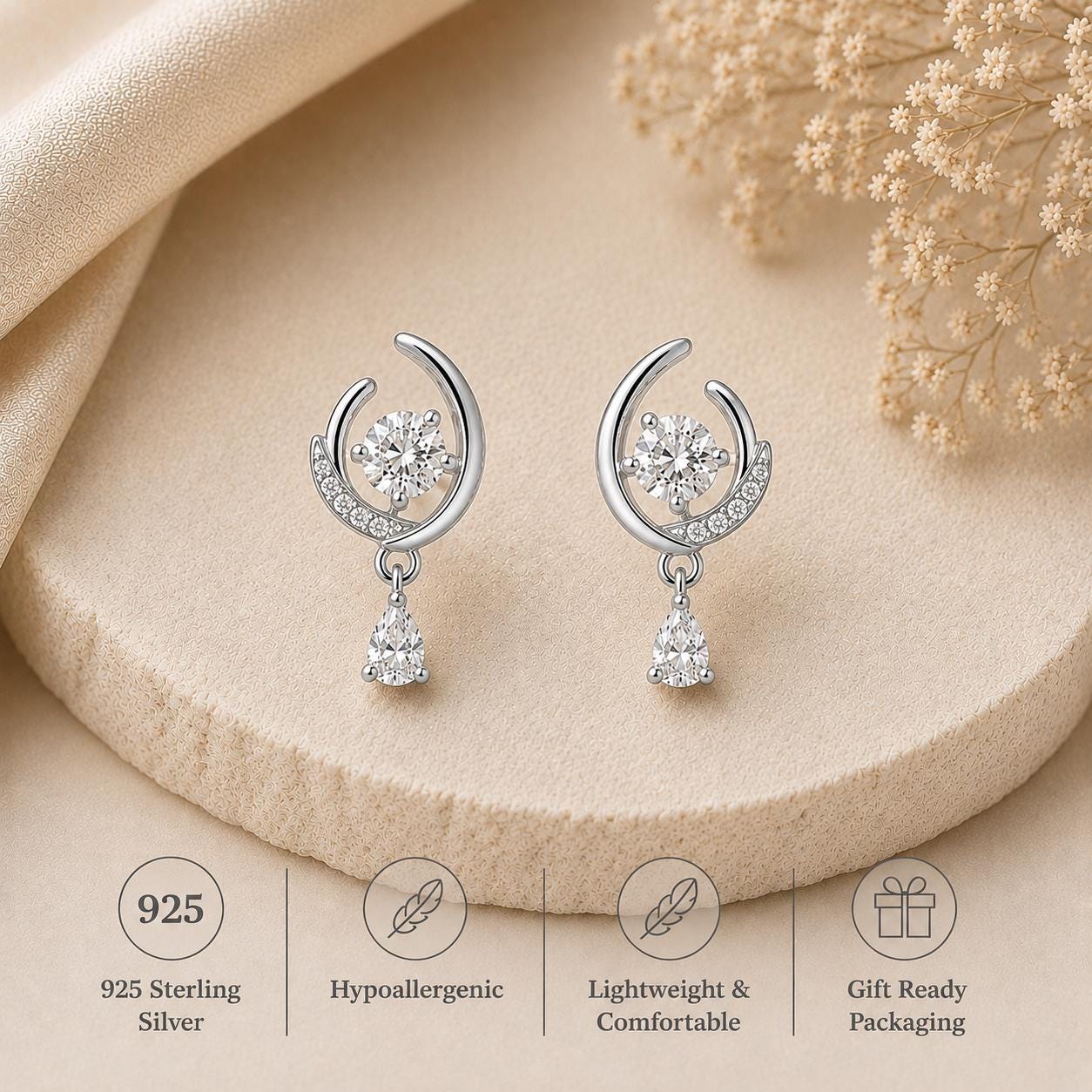 925 Sterling Silver Celestial Moissanite Drop Earrings, Bridal Dangle Jewelry