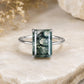 Natural Moss Agate Emerald Cut Ring, 925 Sterling Silver Solitaire Promise Ring