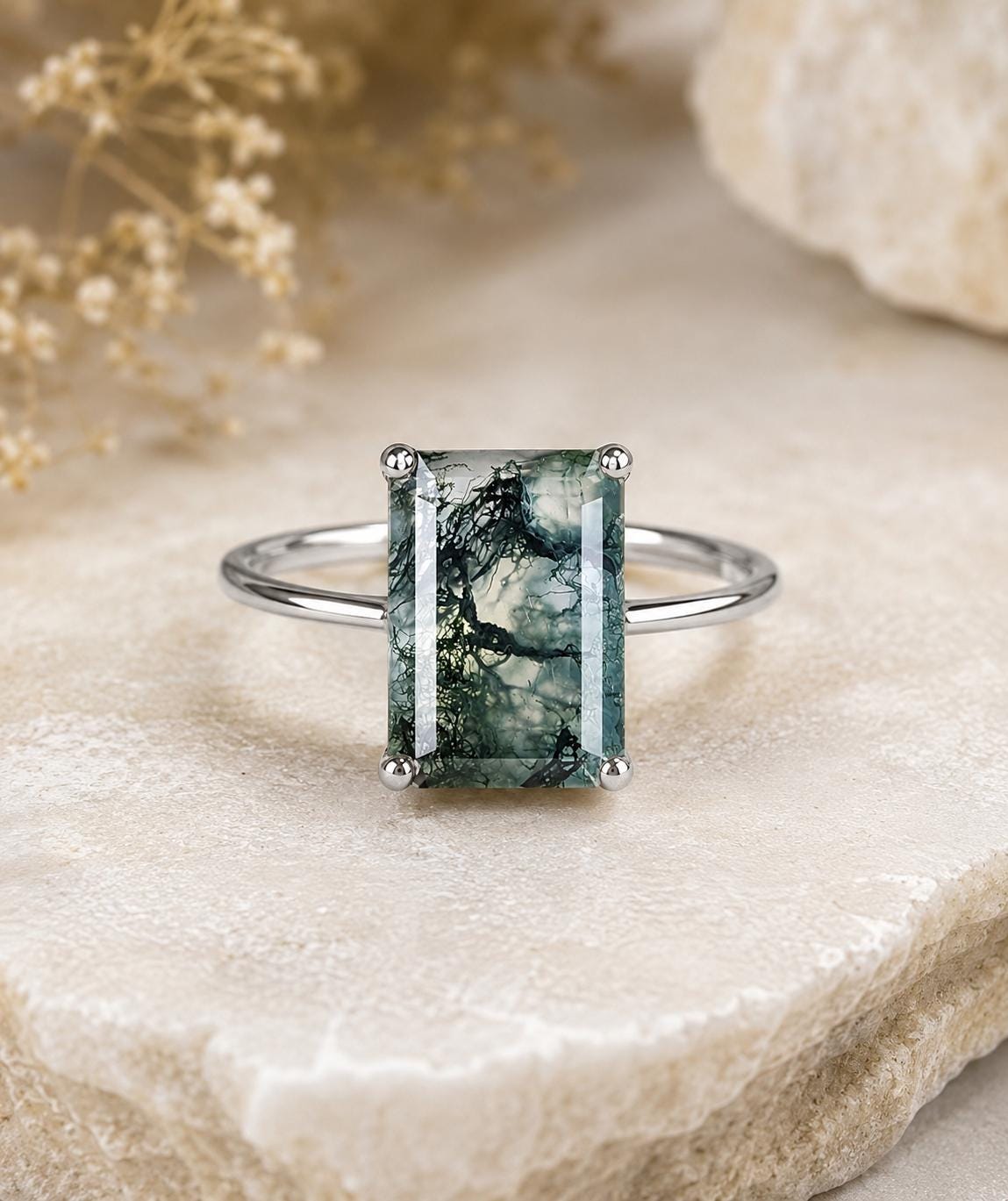Natural Moss Agate Emerald Cut Ring, 925 Sterling Silver Solitaire Promise Ring