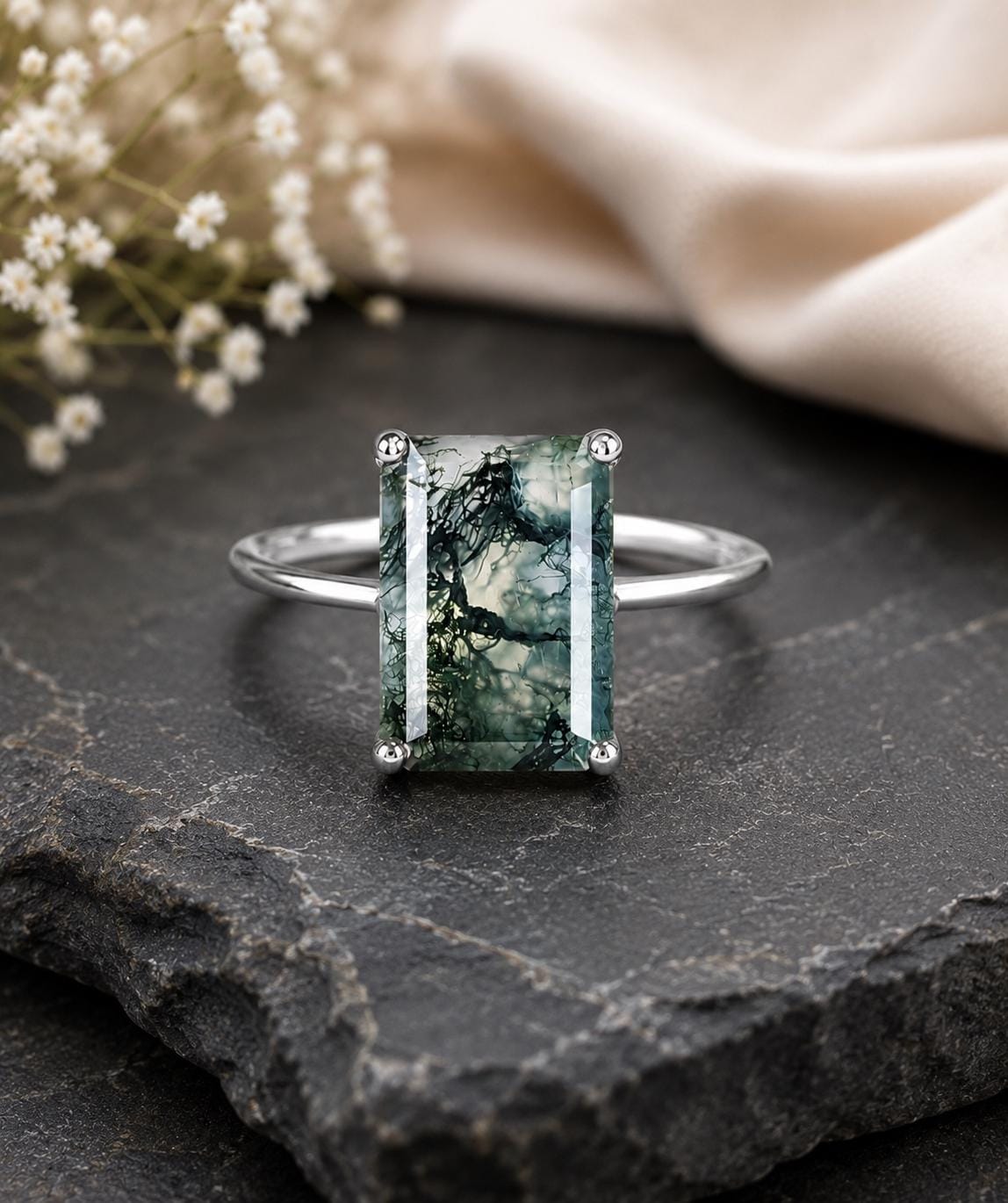 Natural Moss Agate Emerald Cut Ring, 925 Sterling Silver Solitaire Promise Ring