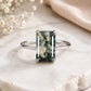 Natural Moss Agate Emerald Cut Ring, 925 Sterling Silver Solitaire Engagement Ring
