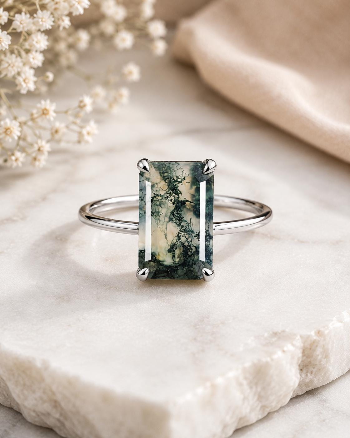 Natural Moss Agate Emerald Cut Ring, 925 Sterling Silver Solitaire Engagement Ring