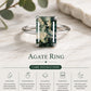 Natural Moss Agate Emerald Cut Ring, 925 Sterling Silver Solitaire Engagement Ring
