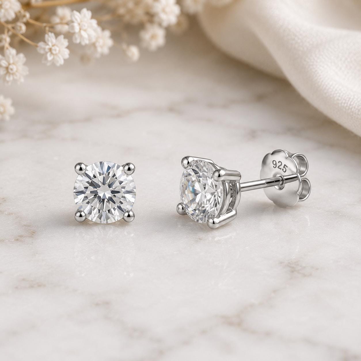 Moissanite Solitaire Stud Earrings, 925 Sterling Silver, Round Cut Bridal Jewelry