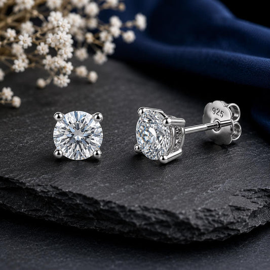 Moissanite Solitaire Stud Earrings, 925 Sterling Silver, Round Cut Bridal Jewelry