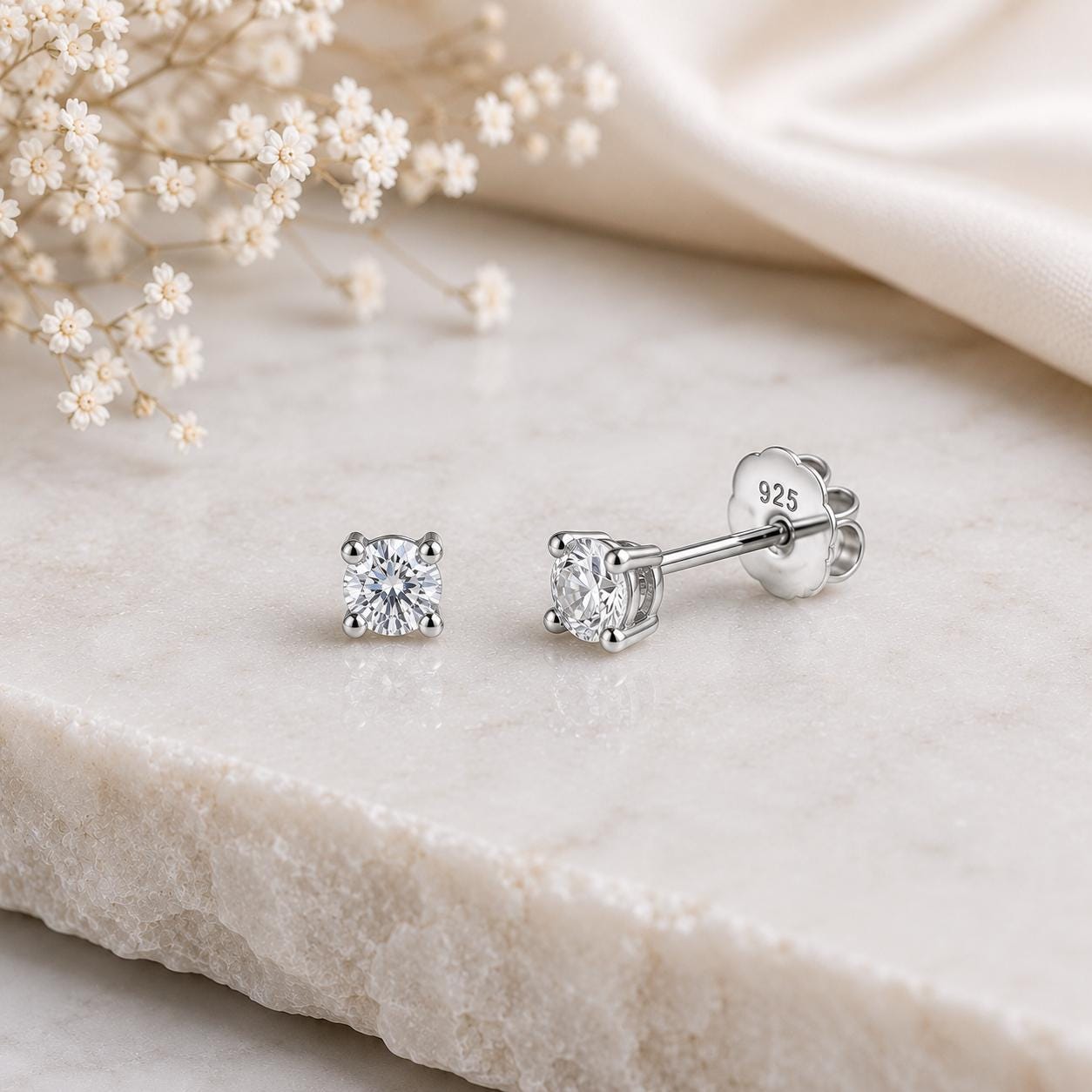 Moissanite Solitaire Stud Earrings, 925 Sterling Silver, Round Cut, Minimalist Everyday Jewelry