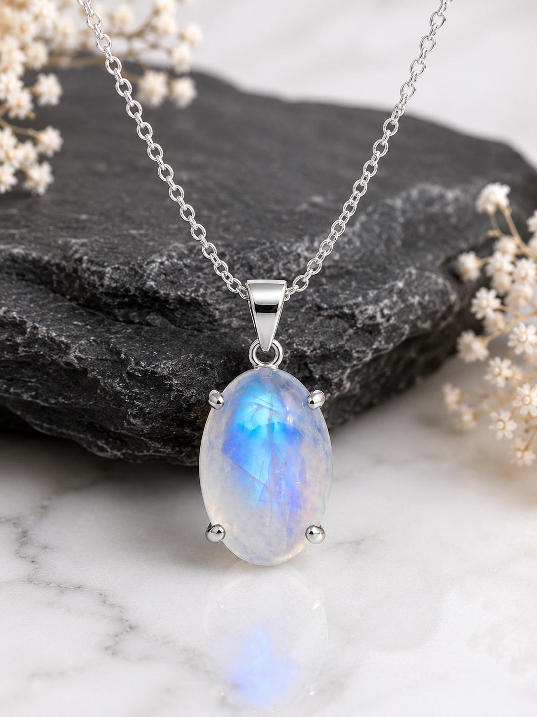 Natural Oval Moonstone Pendant, 925 Sterling Silver Cable Chain Necklace