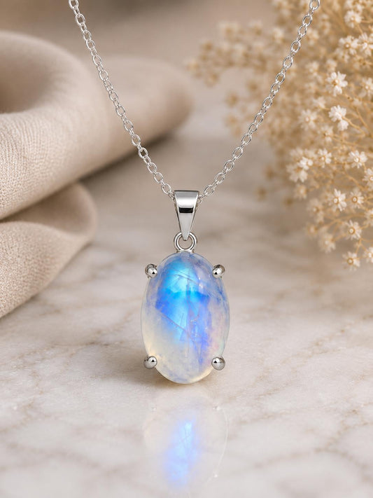 Natural Oval Moonstone Pendant, 925 Sterling Silver Cable Chain Necklace