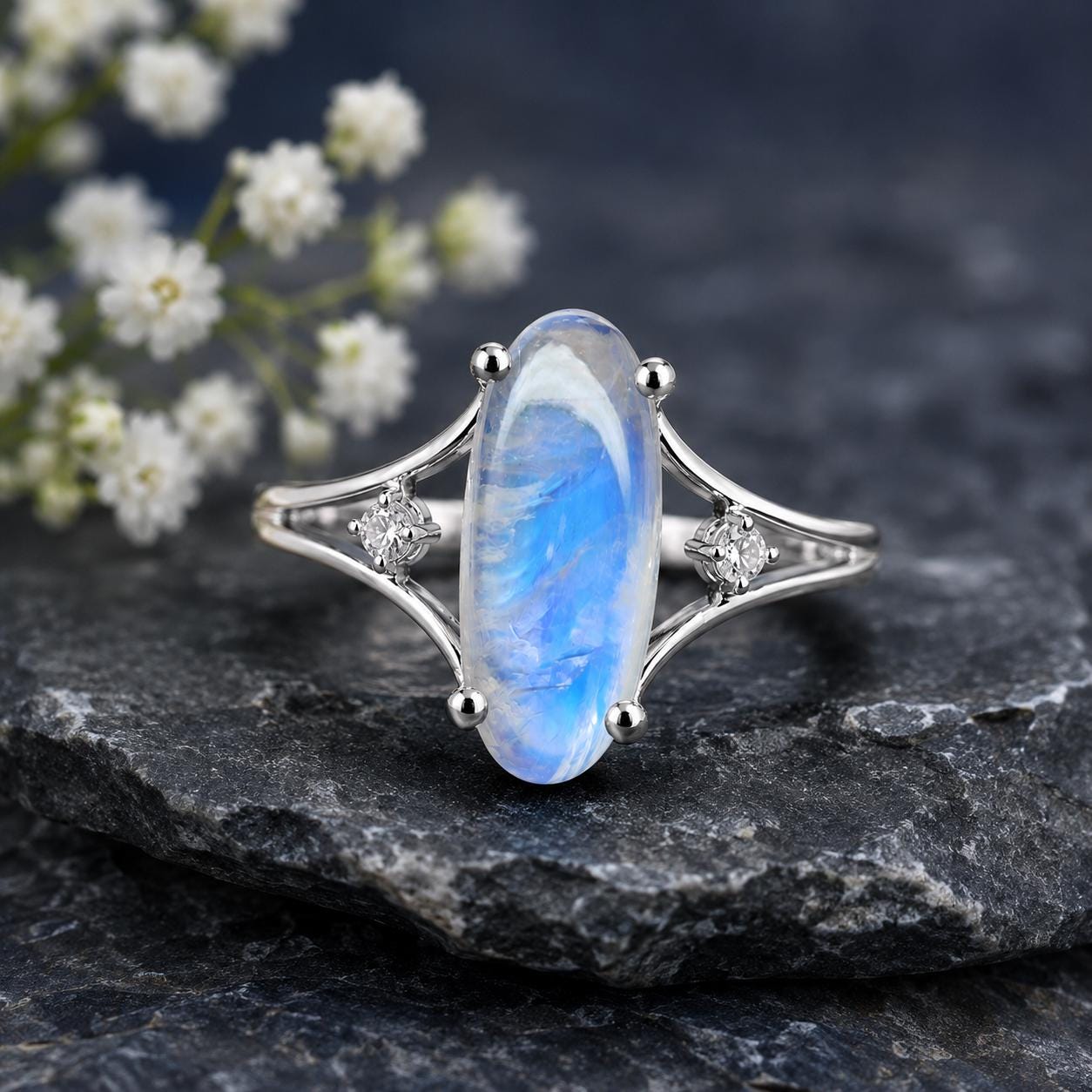 Natural Oval Moonstone Ring, 925 Sterling Silver, Cabochon Gemstone, Vintage Solitaire, Boho Style
