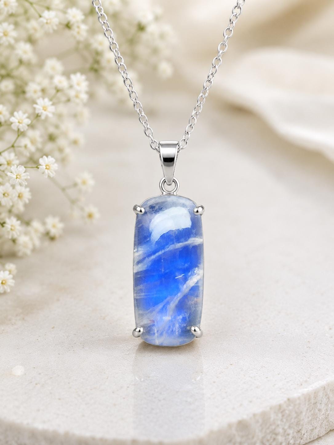 Natural Moonstone Pendant Necklace, Sterling Silver Cushion Cabochon, Minimalist Gemstone Jewelry