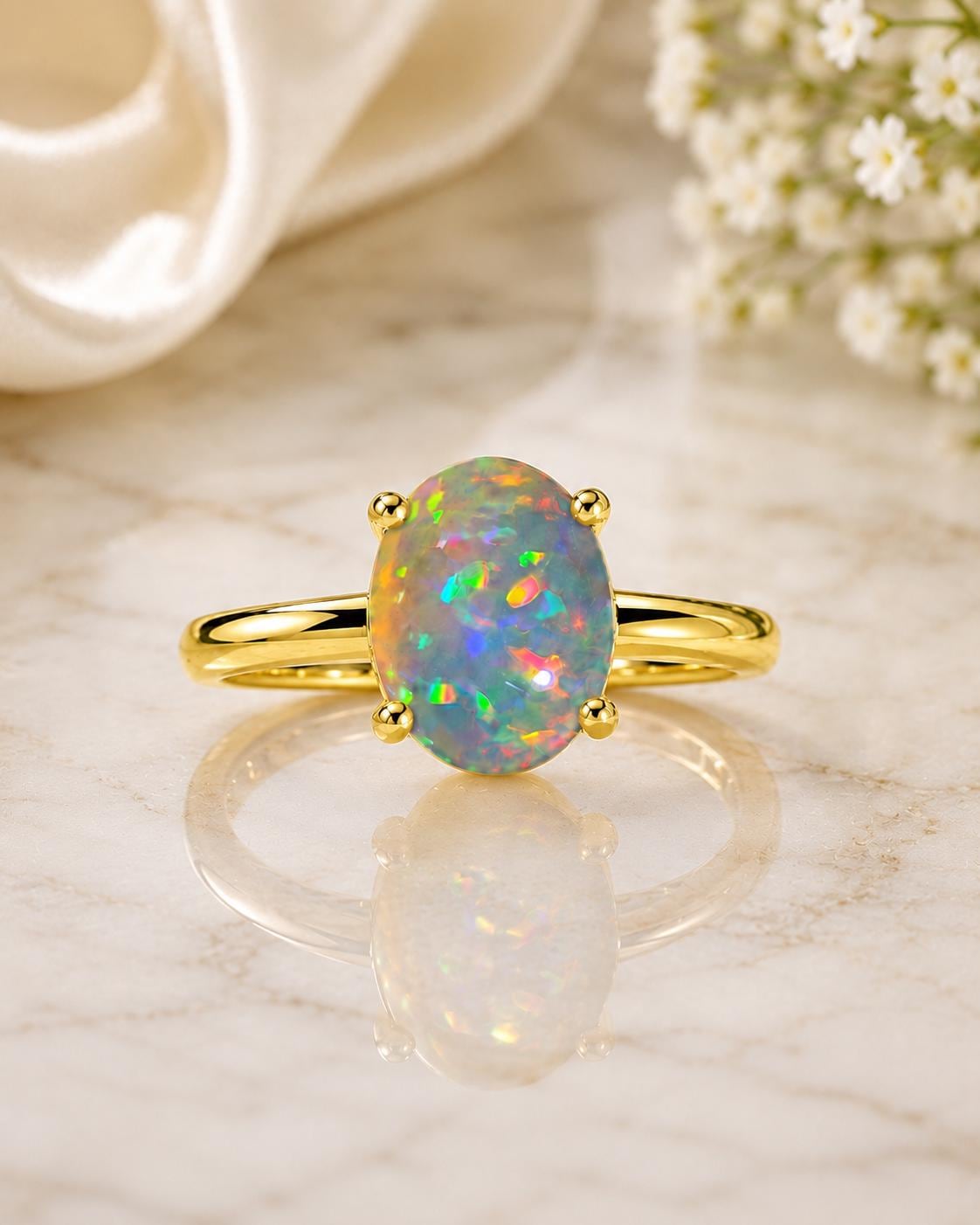 925 Sterling Silver Oval Opal Solitaire Ring, October Birthstone Promise Ring