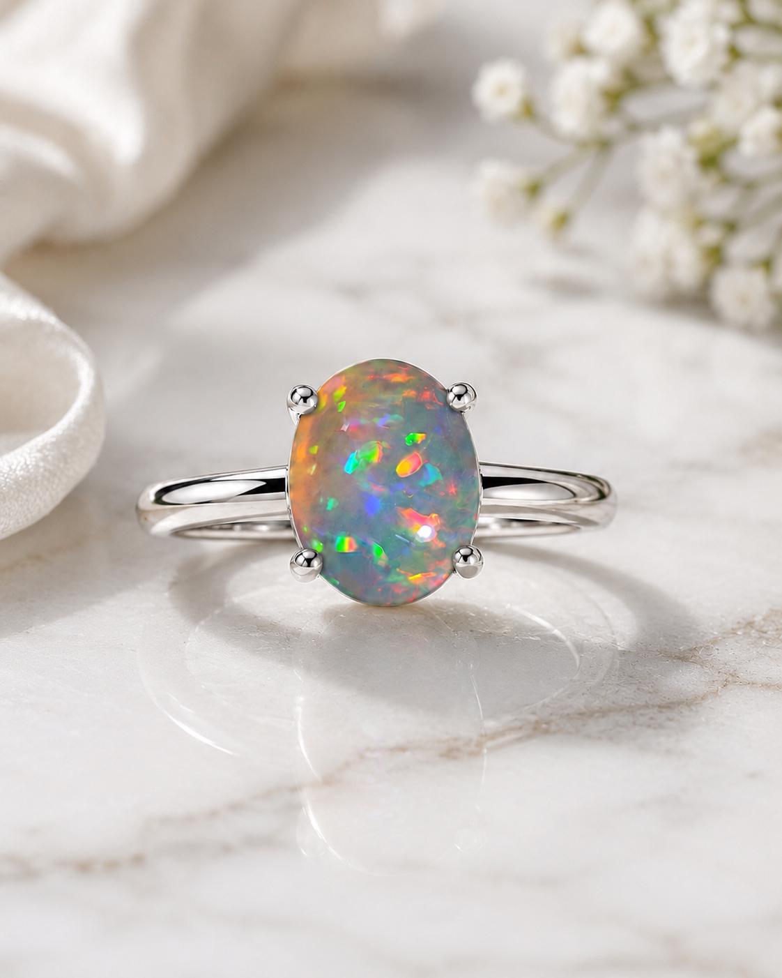 925 Sterling Silver Oval Opal Solitaire Ring, October Birthstone Promise Ring