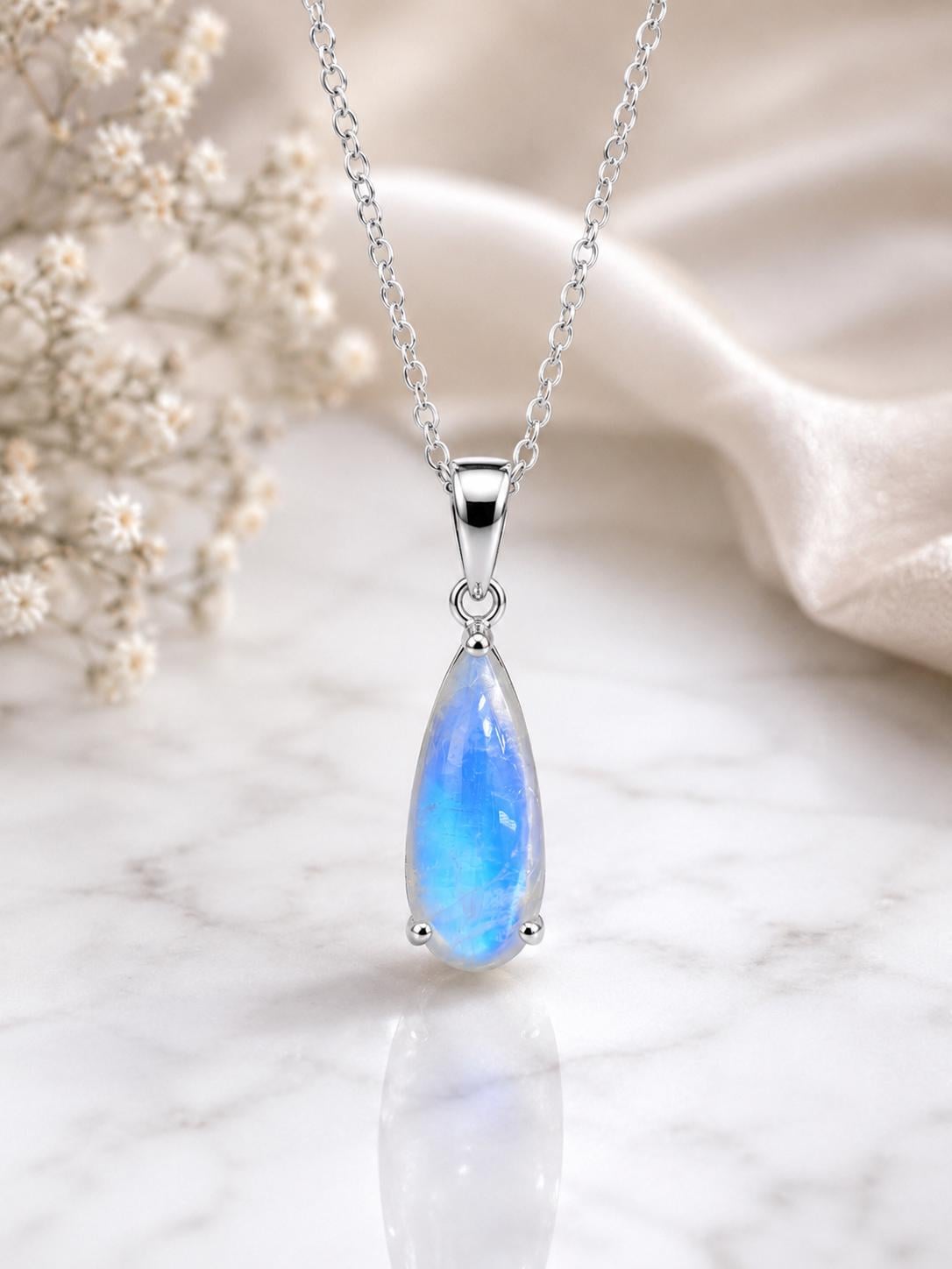 Natural Moonstone Pear Pendant Necklace, 925 Sterling Silver, Handmade Minimalist Jewelry