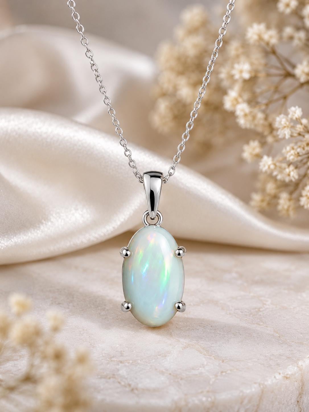 925 Sterling Silver Oval Opal Pendant Necklace, October Birthstone, Minimalist Jewelry