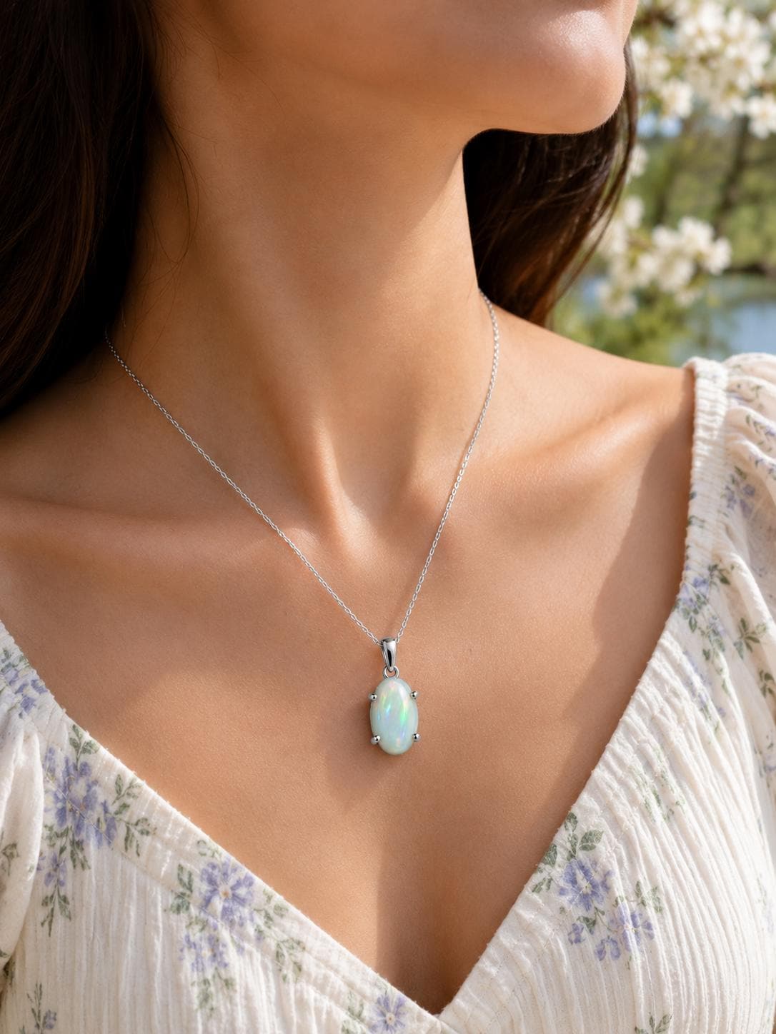 925 Sterling Silver Oval Opal Pendant Necklace, October Birthstone, Minimalist Jewelry