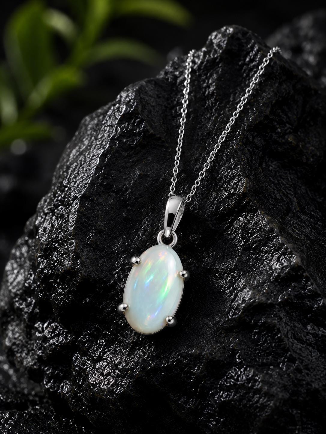 925 Sterling Silver Oval Opal Pendant Necklace, October Birthstone, Minimalist Jewelry