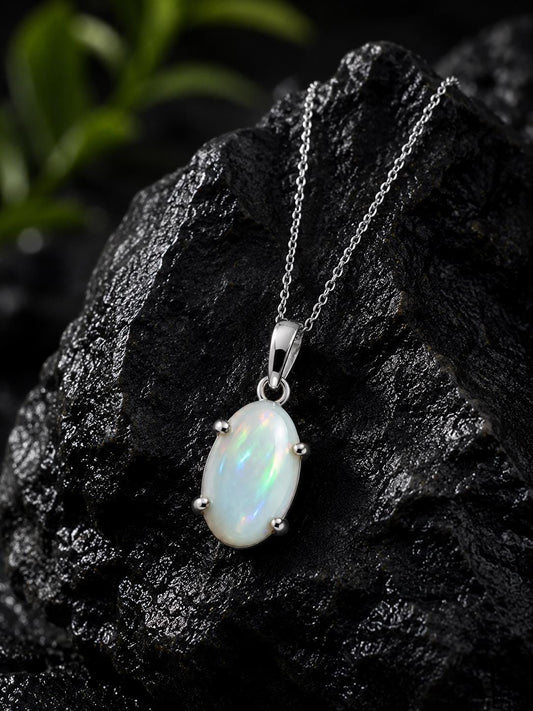 925 Sterling Silver Oval Opal Pendant Necklace, October Birthstone, Minimalist Jewelry