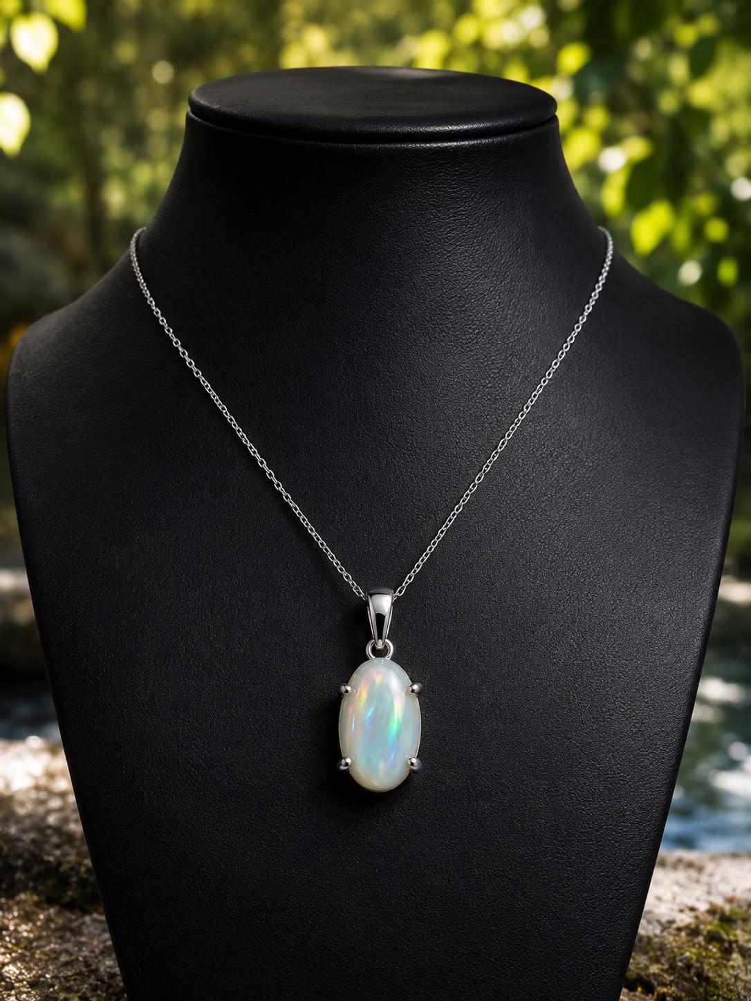 925 Sterling Silver Oval Opal Pendant Necklace, October Birthstone, Minimalist Jewelry