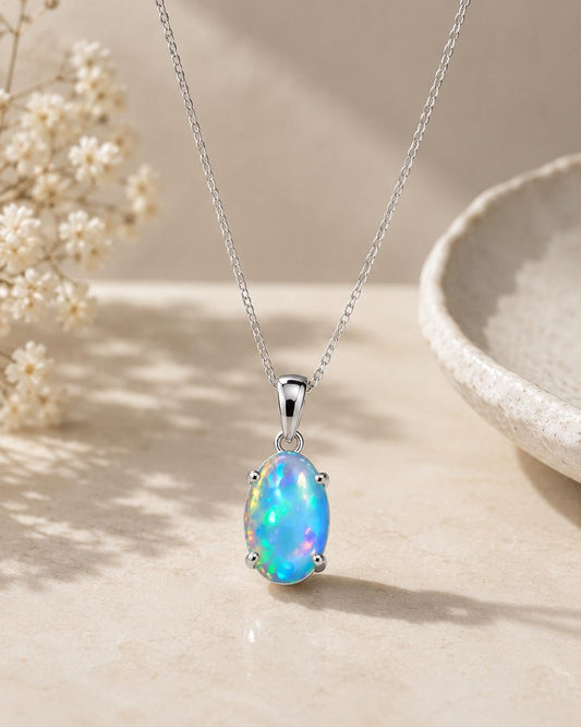 925 Sterling Silver Oval Opal Pendant Necklace, October Birthstone, Minimalist Solitaire Jewelry