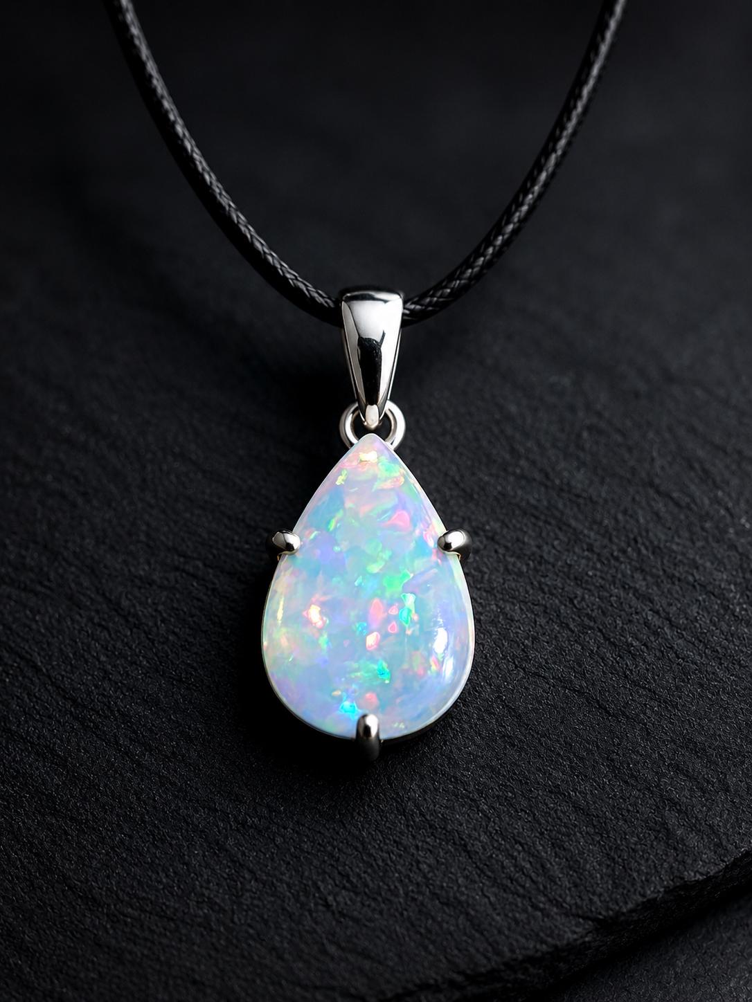 925 Sterling Silver Pear Opal Pendant Necklace, Teardrop October Birthstone Jewelry