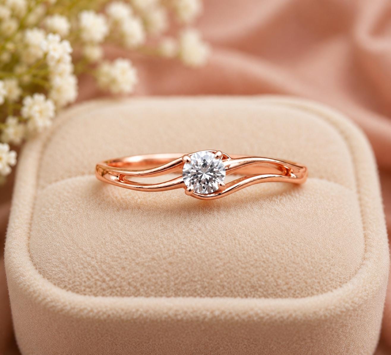 925 Sterling Silver Moissanite Engagement Ring, Round Solitaire, Double Wave Band