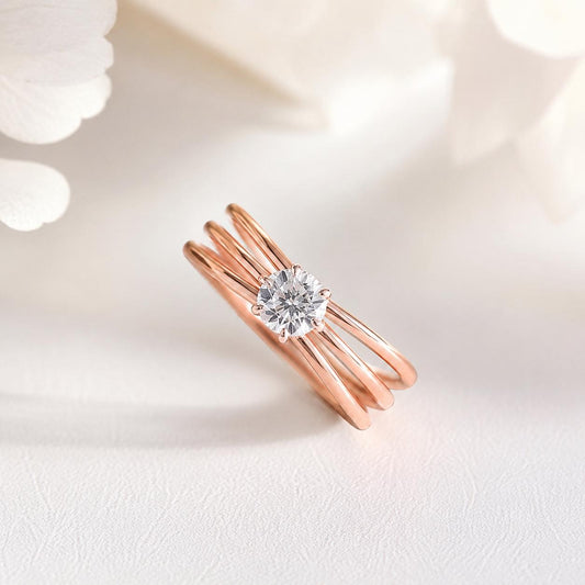 925 Sterling Silver Moissanite Triple Band Solitaire Ring