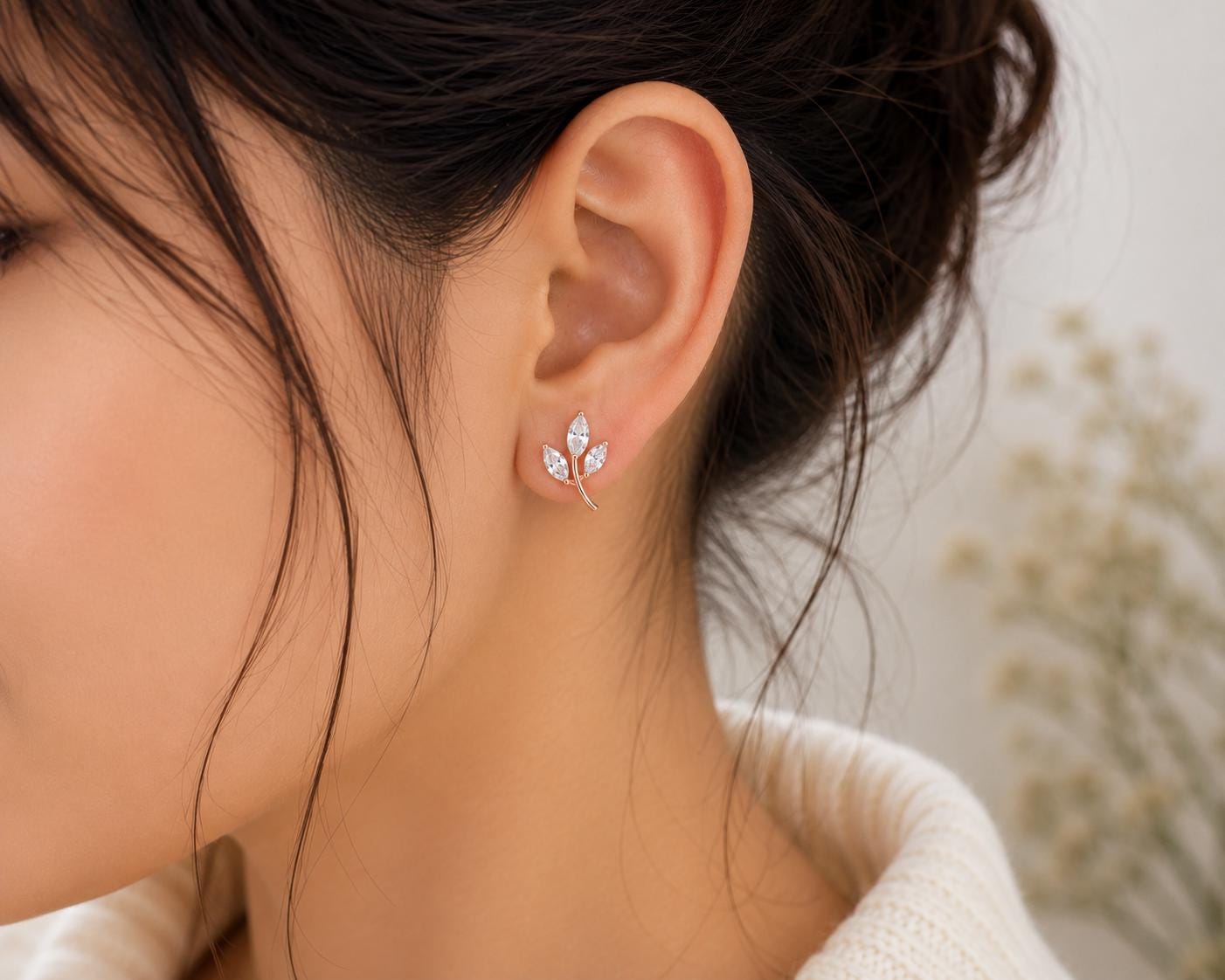 Sterling Silver Leaf Earrings, Marquise CZ Botanical Studs, Dainty Nature Jewelry