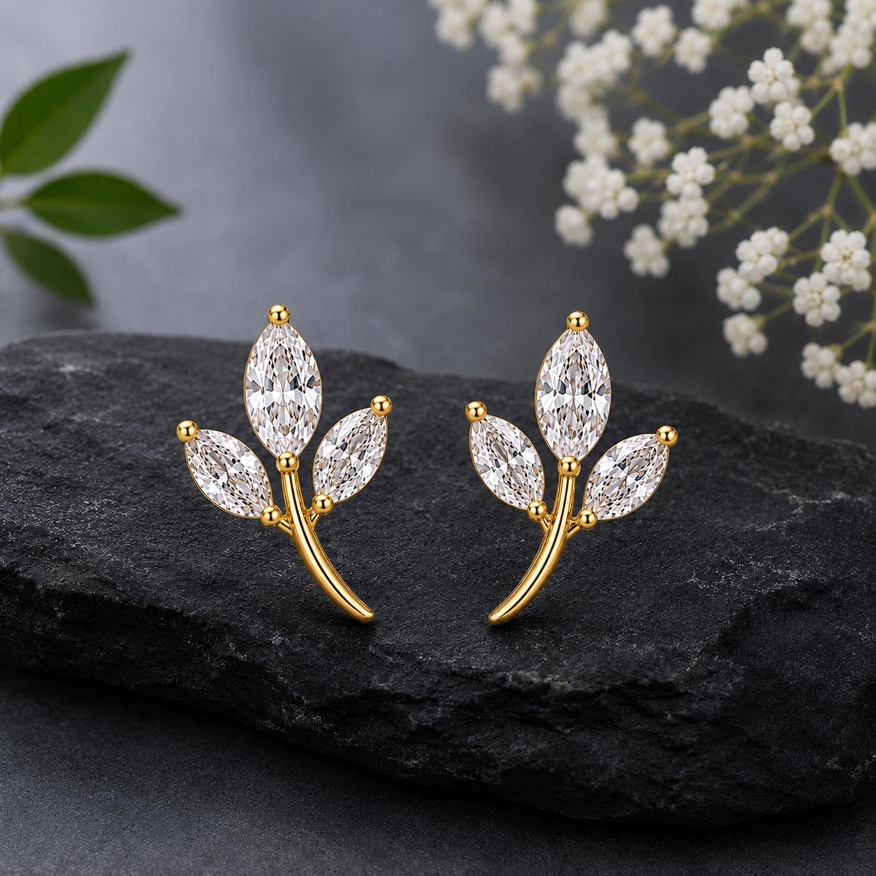 Sterling Silver Leaf Earrings, Marquise CZ Botanical Studs, Dainty Nature Jewelry