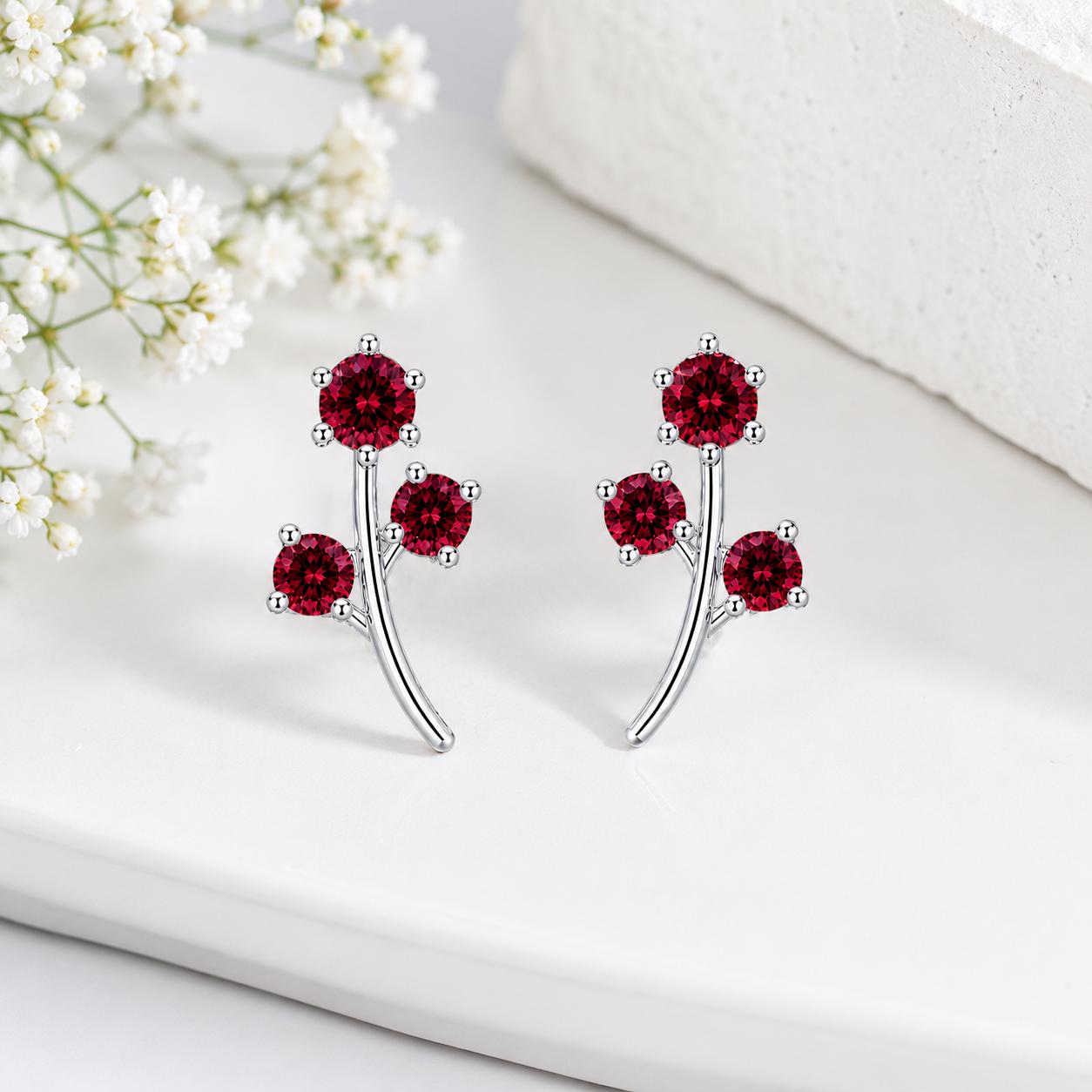 925 Sterling Silver Red CZ Leaf Stud Earrings, Botanical Floral Design, Ruby Red Stones