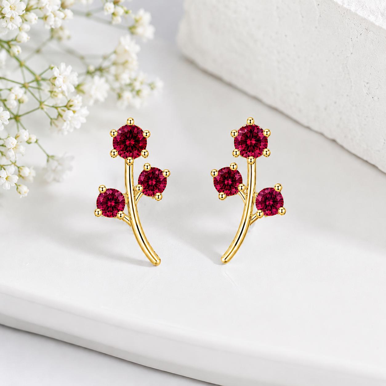 925 Sterling Silver Red CZ Leaf Stud Earrings, Botanical Floral Design, Ruby Red Stones