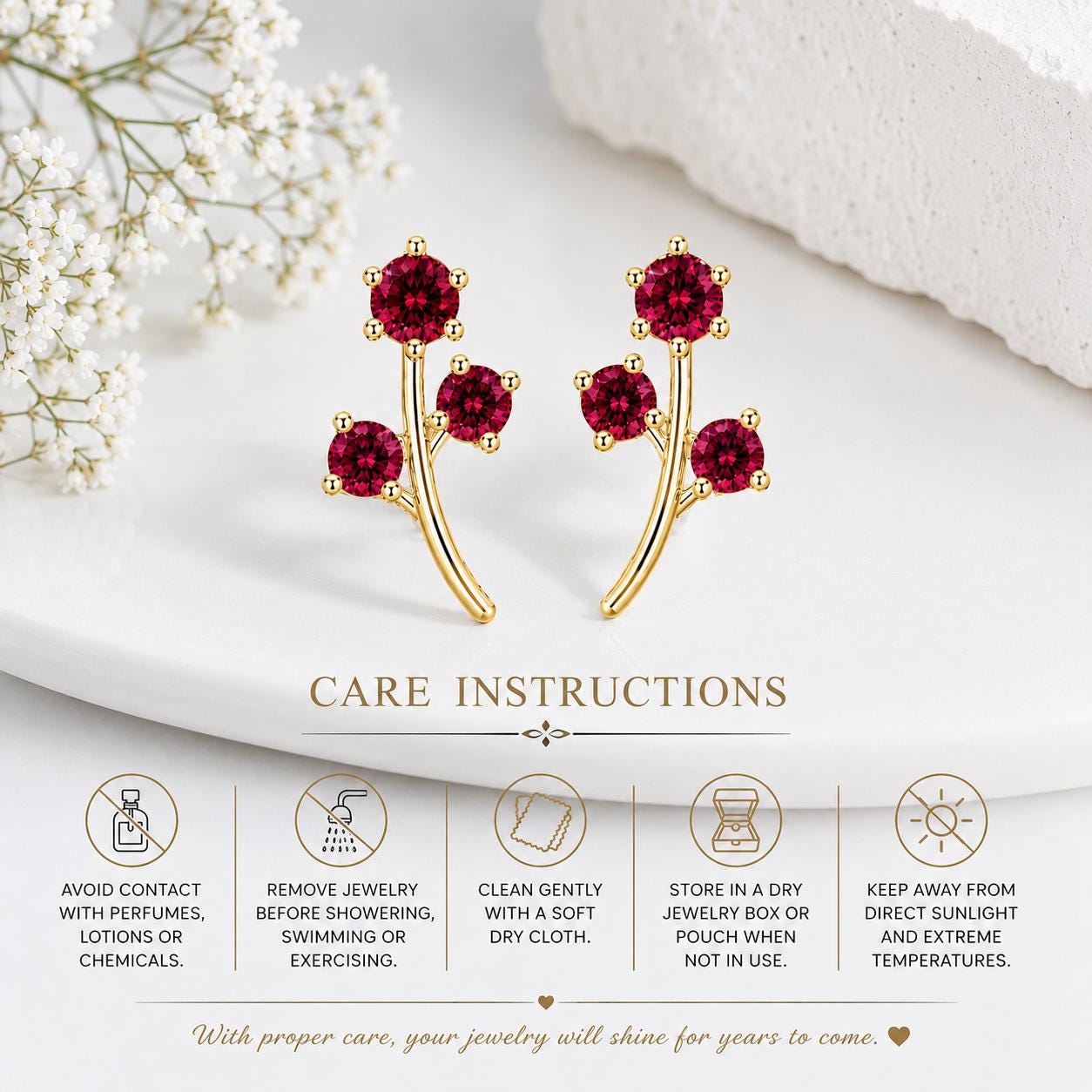 925 Sterling Silver Red CZ Leaf Stud Earrings, Botanical Floral Design, Ruby Red Stones