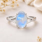 925 Sterling Silver Oval Moonstone Ring, Natural Blue Flash Solitaire Ring