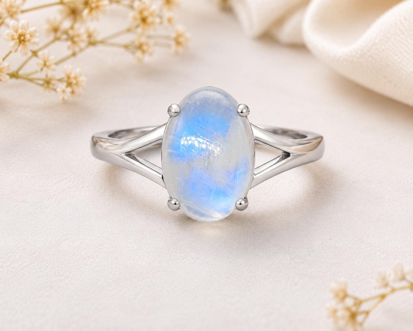 925 Sterling Silver Oval Moonstone Ring, Natural Blue Flash Solitaire Ring