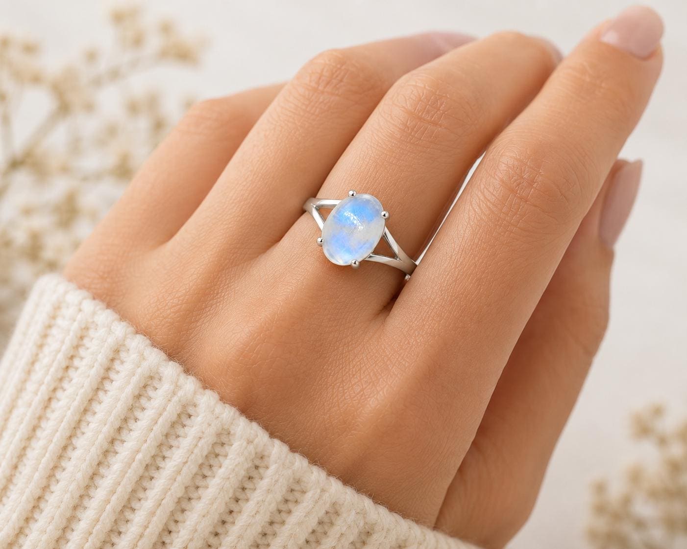925 Sterling Silver Oval Moonstone Ring, Natural Blue Flash Solitaire Ring