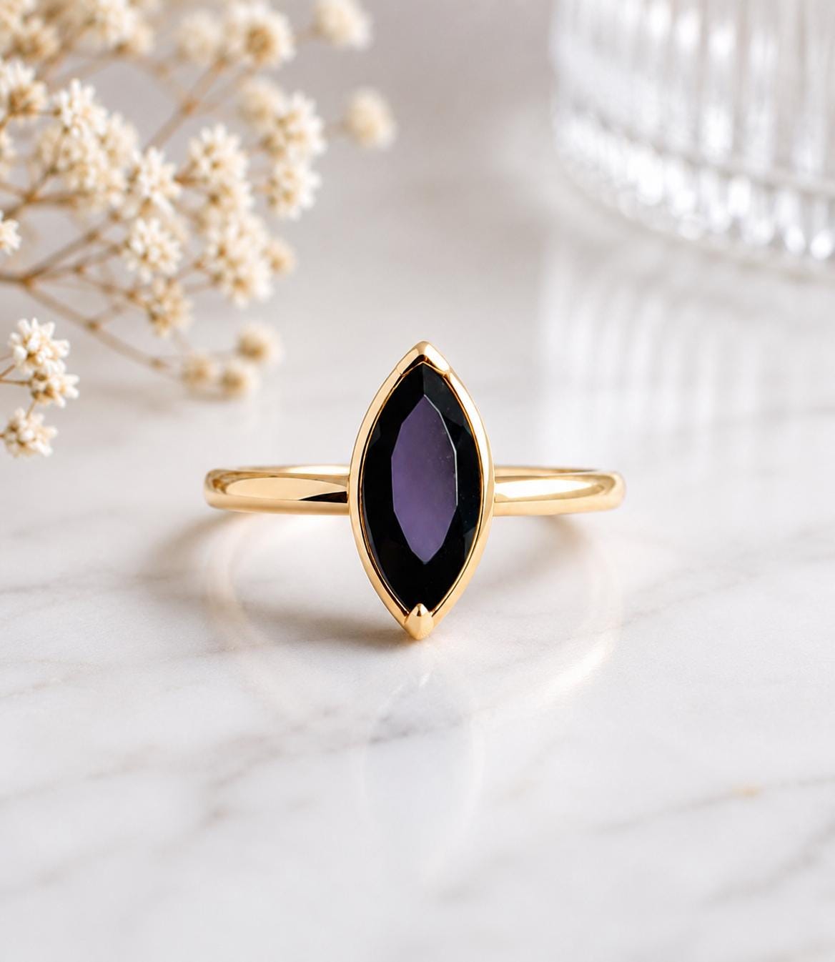 925 Sterling Silver Marquise Black Onyx Ring, Minimalist Statement Solitaire Jewelry